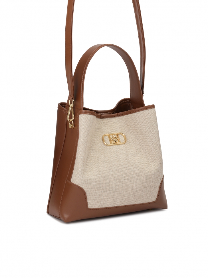 Brązowa skórzana torebka z wstawką z tkaniny