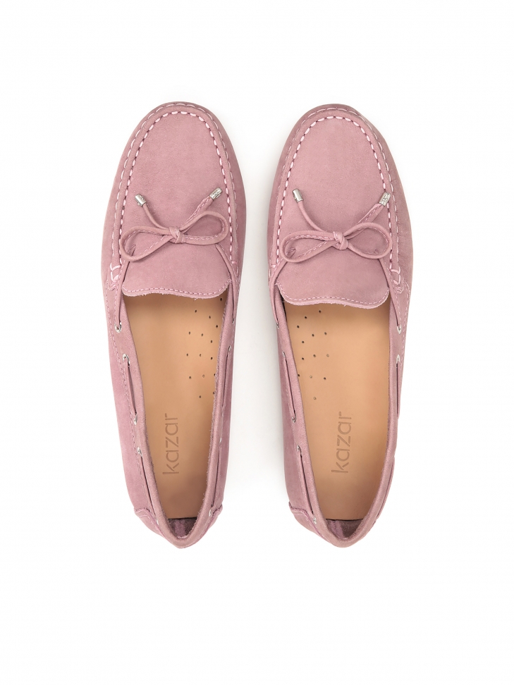 Różowe mokasyny damskie z rzemykiem i kokardką