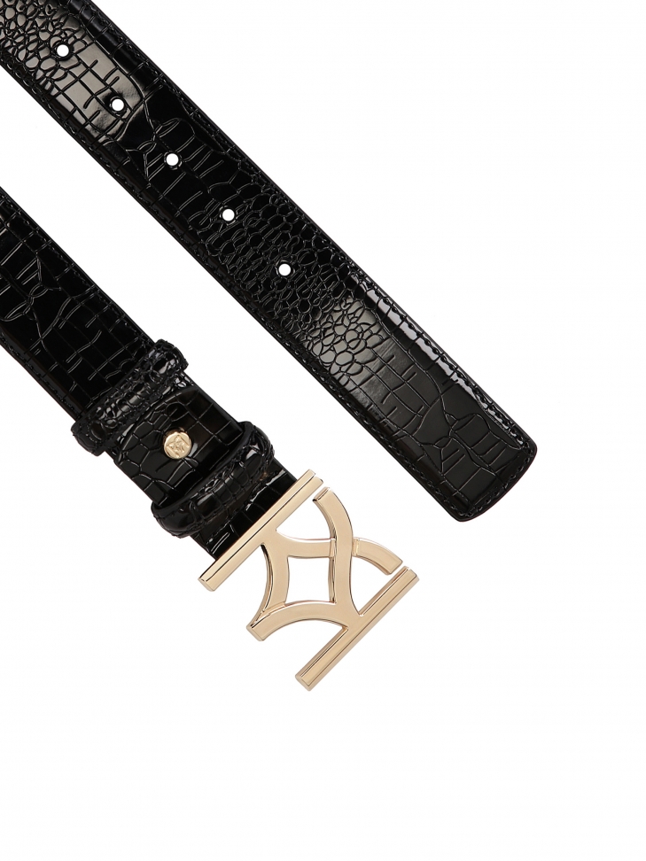 Czarny pasek damski z lakierowanej skóry tłoczonej