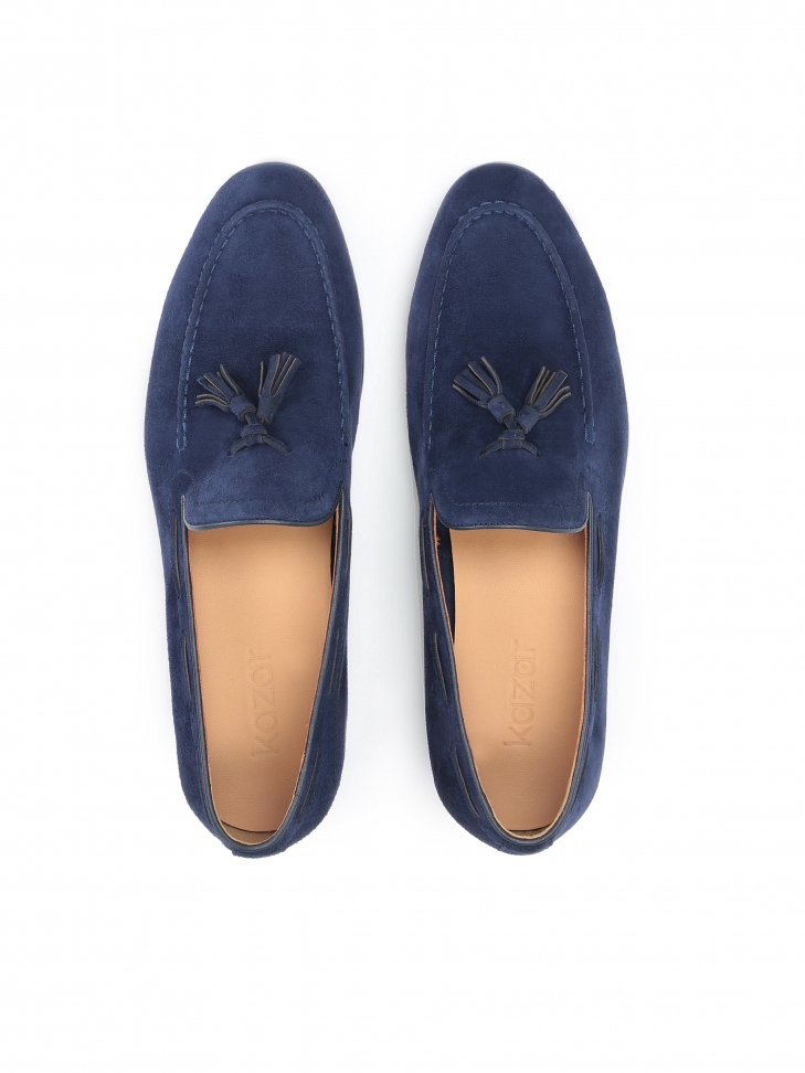 Wsuwane granatowe loafersy męskie z frędzlami