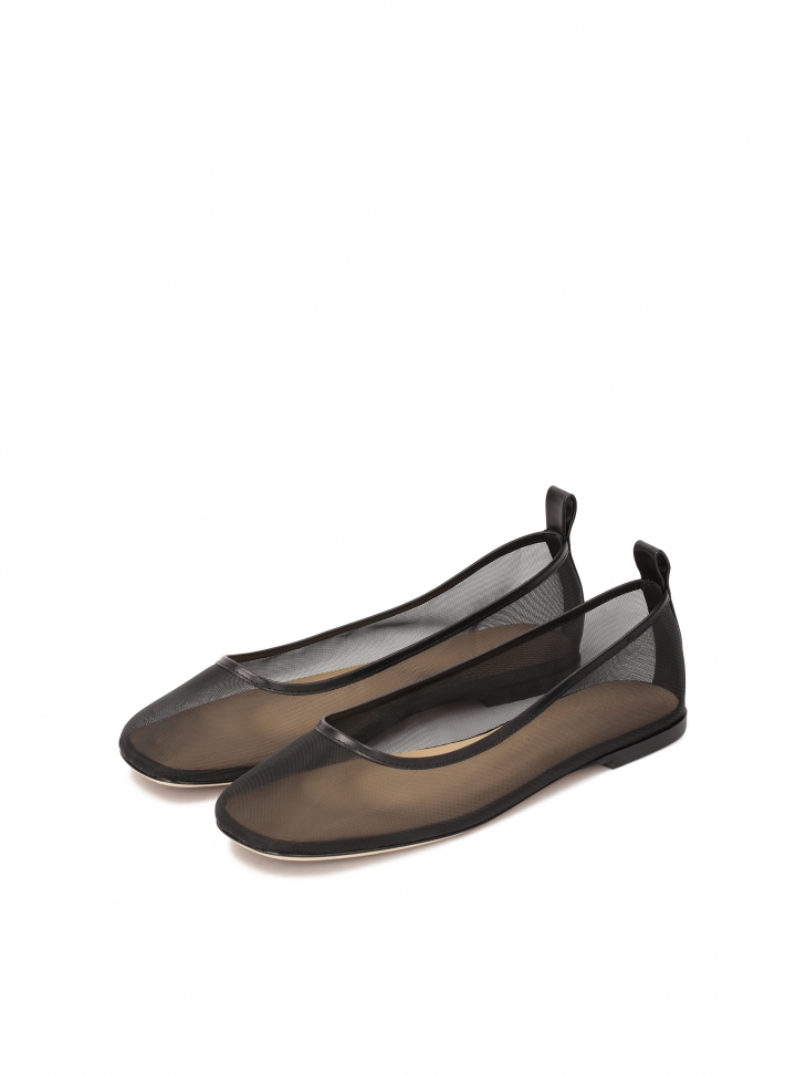 Czarne baleriny z siateczki ze skórzaną lamówką