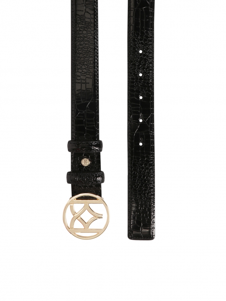 Czarny pasek z lakierowanej skóry z tłoczonym printem oko