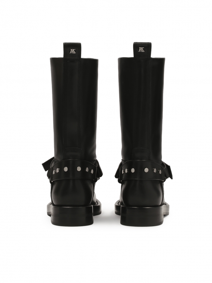 Skórzane botki typu bikery z wsuwaną cholewką