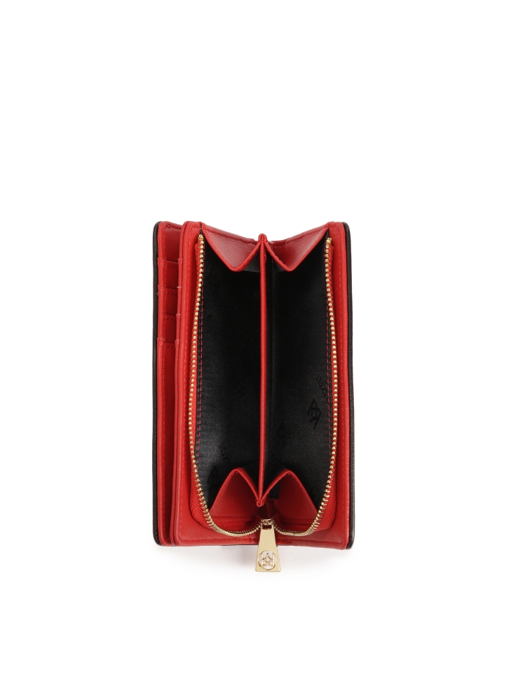 Czarny portfel skórzany z czerwonym wnętrzem