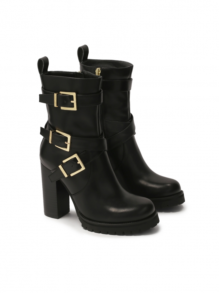 Czarne skórzane botki na słupku z wysoką cholewką