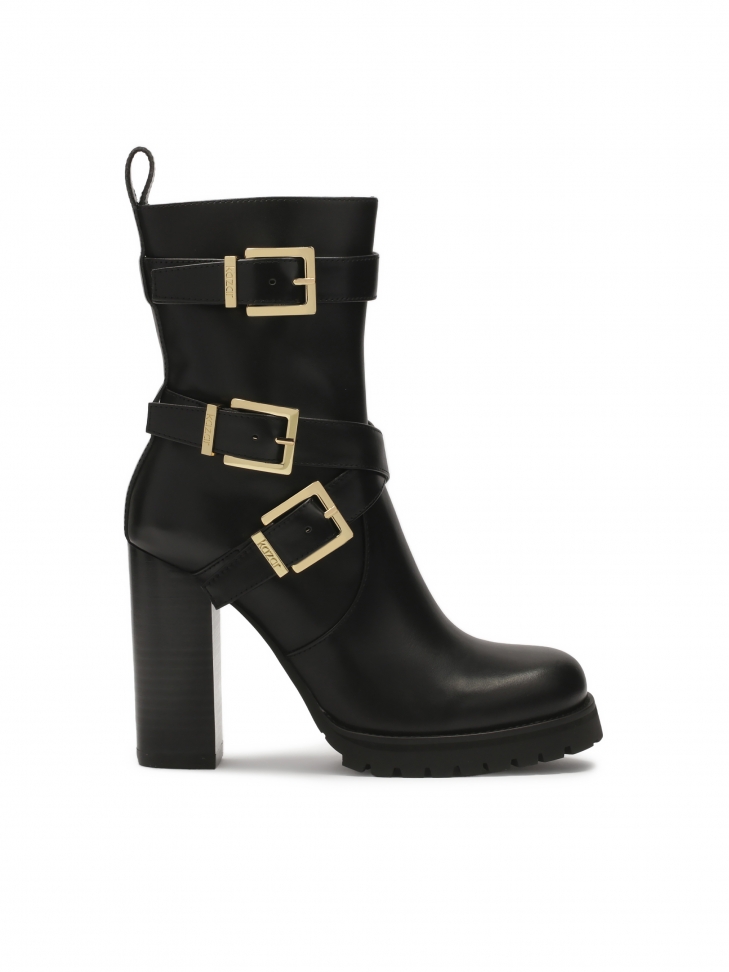 Czarne skórzane botki na słupku z wysoką cholewką