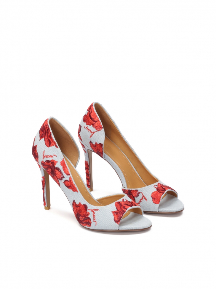Czółenka peep toe z tkaniny denim z wyszywanymi kwiatami