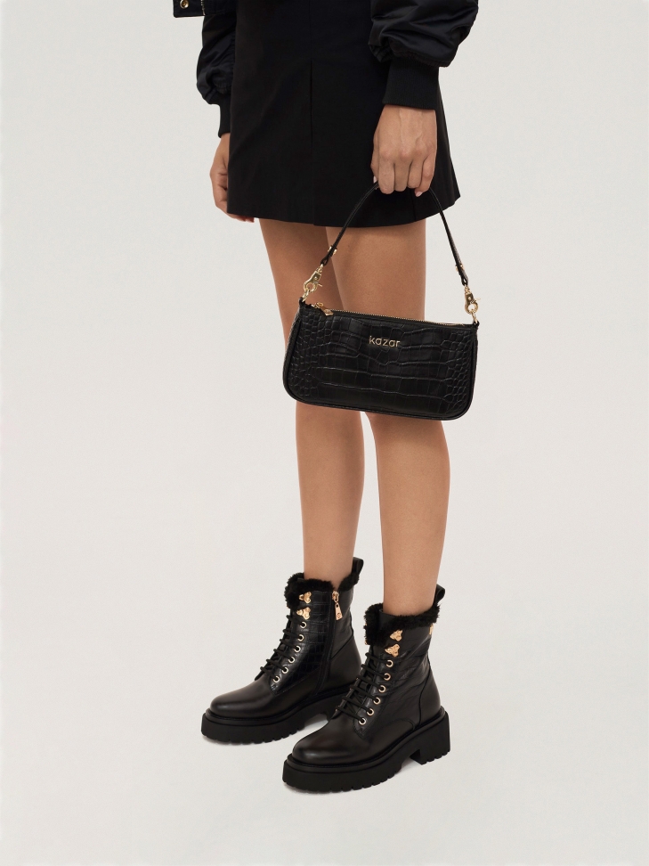 Ocieplane trzewiki damskie z tłoczonej i gładkiej skóry