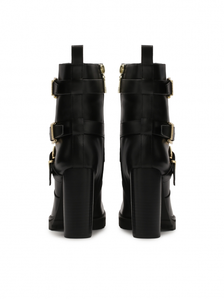 Czarne skórzane botki na słupku z wysoką cholewką