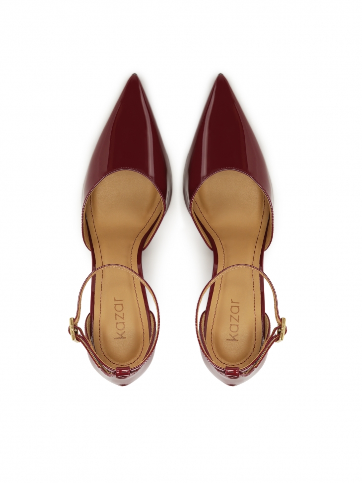 Bordowe półotwarte czółenka z lakierowanej skóry