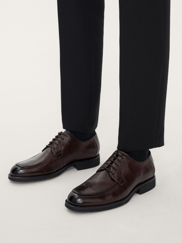 Brązowe skórzane półbuty męskie z przeszyciem na nosku