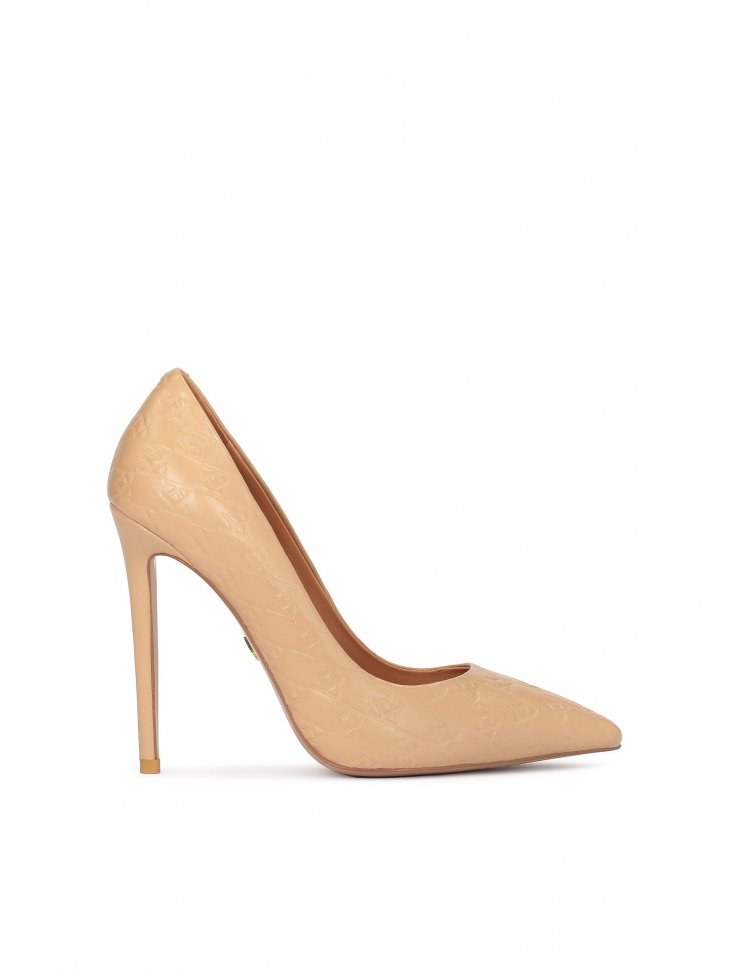 Jasnobrązowe skórzane czółenka z tłoczonym wzorem