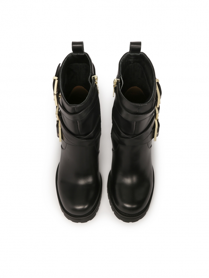 Czarne skórzane botki na słupku z wysoką cholewką