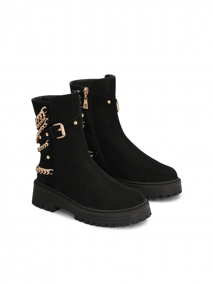 Nubukowe trzewiki z suwakiem ozdobione łańcuchami