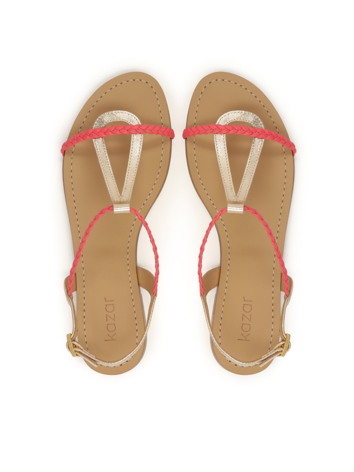 Różowo-ote płaskie sandały ze skóry