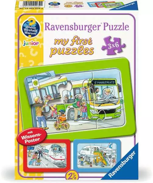 Kinderpuzzle ab 2 Jahren - Wieso? Weshalb? Warum? Unterwegs mit Bus. Bahn und Flugzeug - 6 Teile