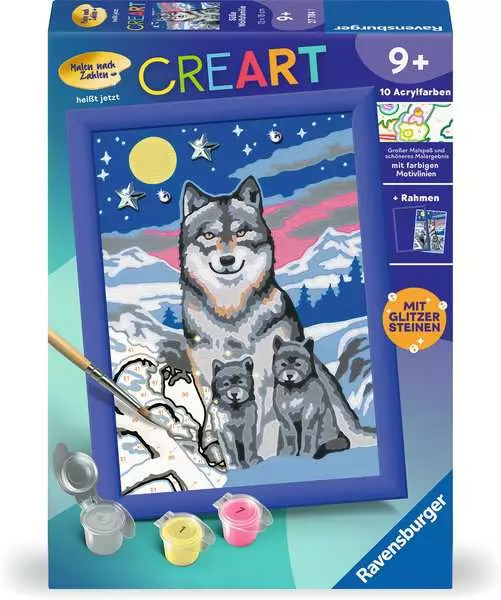 CreArt Süße Wolfsfamilie - Malen nach Zahlen für Kinder ab 9 Jahren