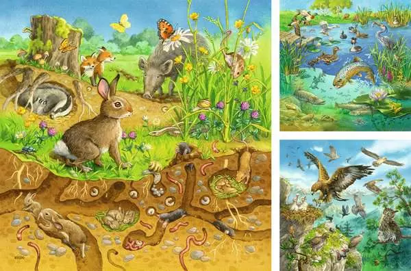 Kinderpuzzle ab 5 Jahren - Tiere in ihren Lebensräumen - 49 Teile