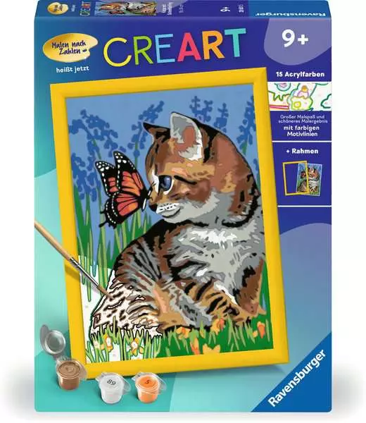 CreArt Katze mit Schmetterling - Malen nach Zahlen für Kinder ab 9 Jahren