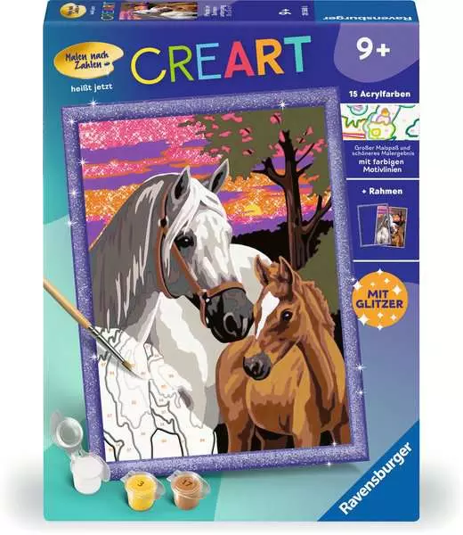 CreArt Pferde im Sonnenuntergang - Malen nach Zahlen für Kinder ab 9 Jahren