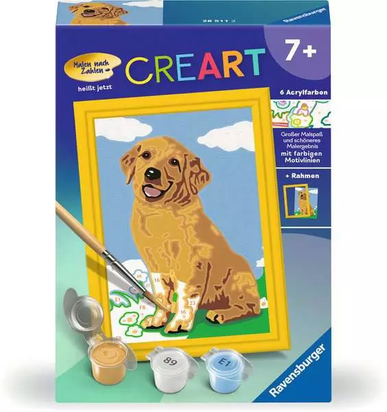 CreArt Kleiner Golden Retriever - Malen nach Zahlen für Kinder ab 7 Jahren