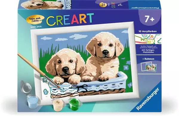 CreArt Süße Hundewelpen - Malen nach Zahlen für Kinder ab 7 Jahren