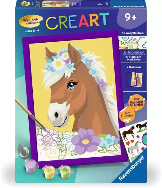 CreArt Pferd mit Blumen - Malen nach Zahlen für Kinder ab 9 Jahren