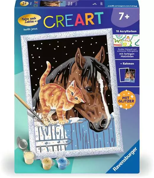 CreArt Fohlen mit Kätzchen - Malen nach Zahlen für Kinder ab 7 Jahren