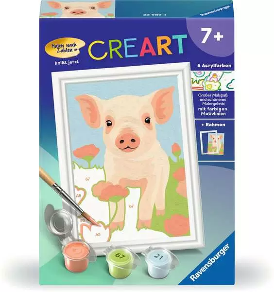 CreArt Süßes Hausschwein - Malen nach Zahlen für Kinder ab 7 Jahren