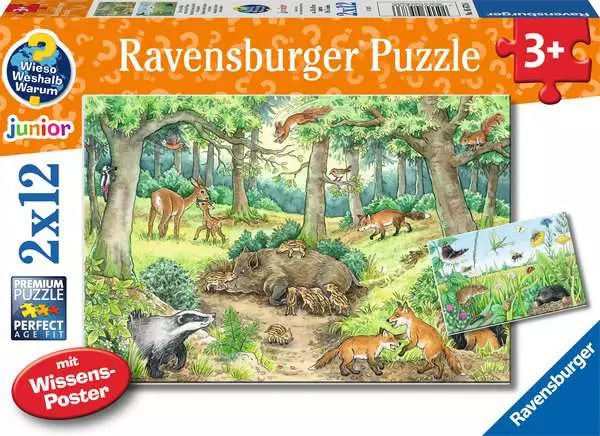 Kinderpuzzle ab 3 Jahren - Kinderpuzzle 2x12 Teile - Wieso? Weshalb? Warum? Tiere im Wald und auf der Wiese - 12 Teile