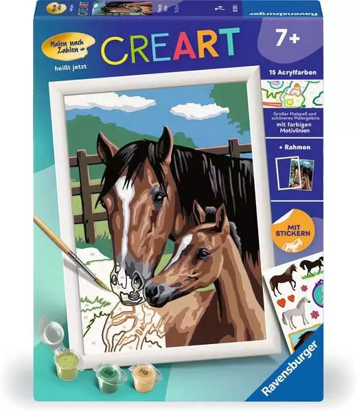 CreArt Pferd mit Fohlen - Malen nach Zahlen für Kinder ab 7 Jahren