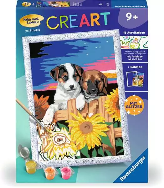 CreArt Welpen im Sonnenuntergang - Malen nach Zahlen für Kinder ab 9 Jahren