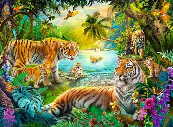 Puzzle 500 Teile - Tigerfamilie in der Oase
