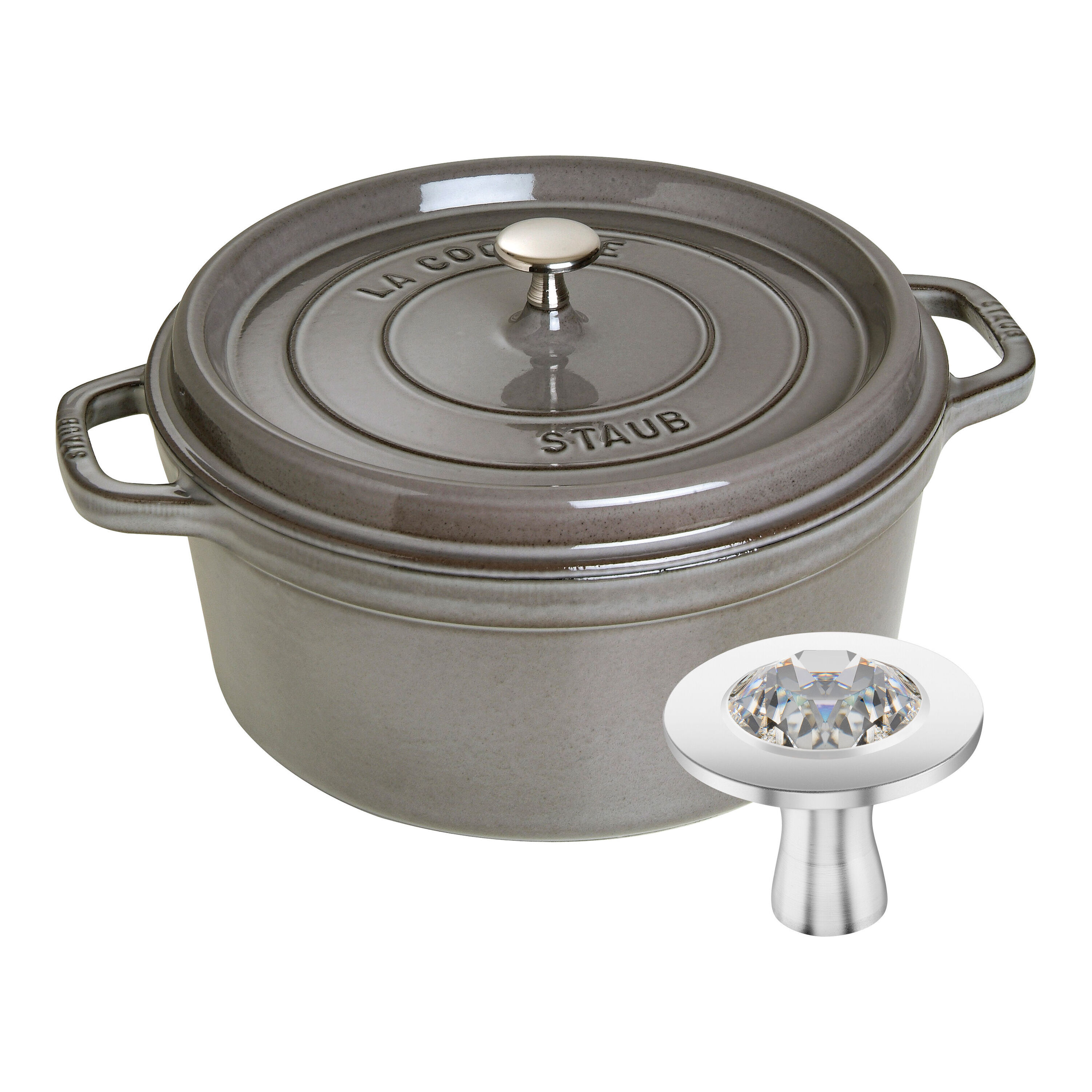 Staub                        Cocotte, 28cm und Knauf mit Kristall von Swarovski - Graphit-Grau