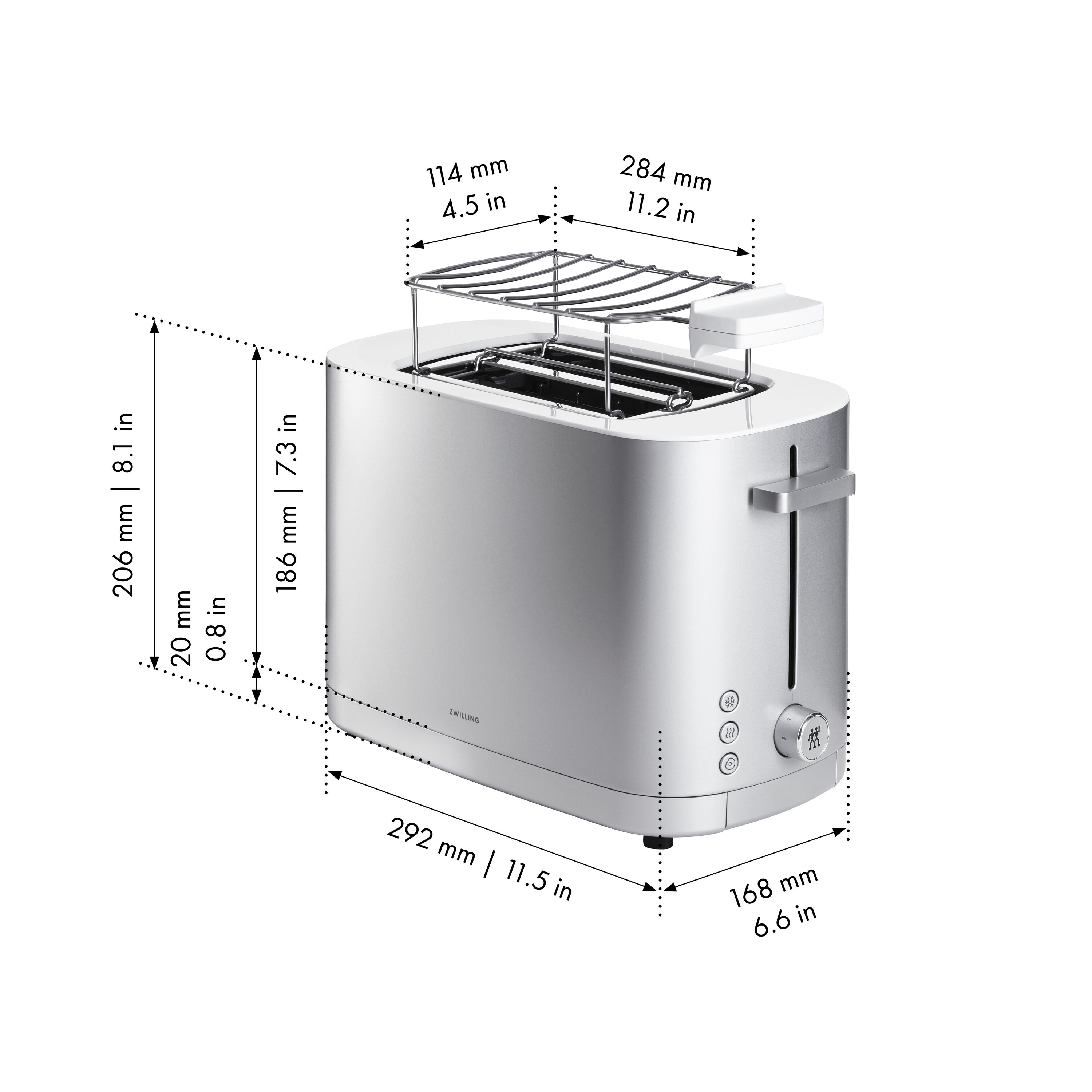 ZWILLING        Enfinigy                Toaster mit Brötchenaufsatz, 2 Schlitze kurz, Silber