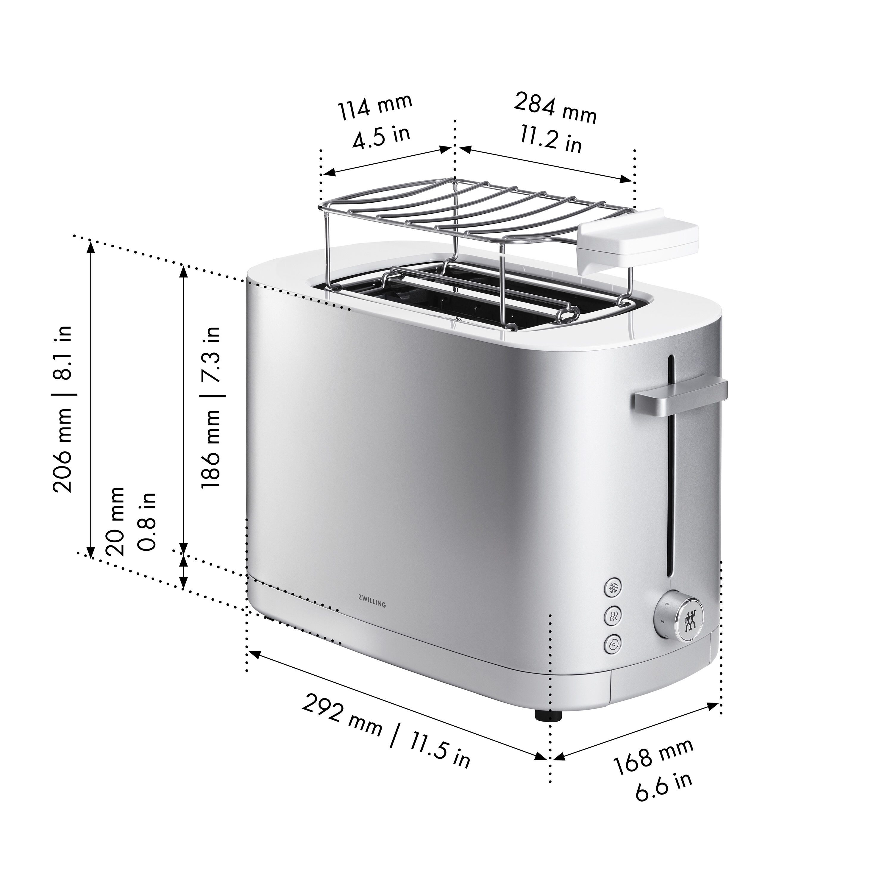 ZWILLING        Enfinigy                Toaster mit Brötchenaufsatz, 2 Schlitze kurz, Silber