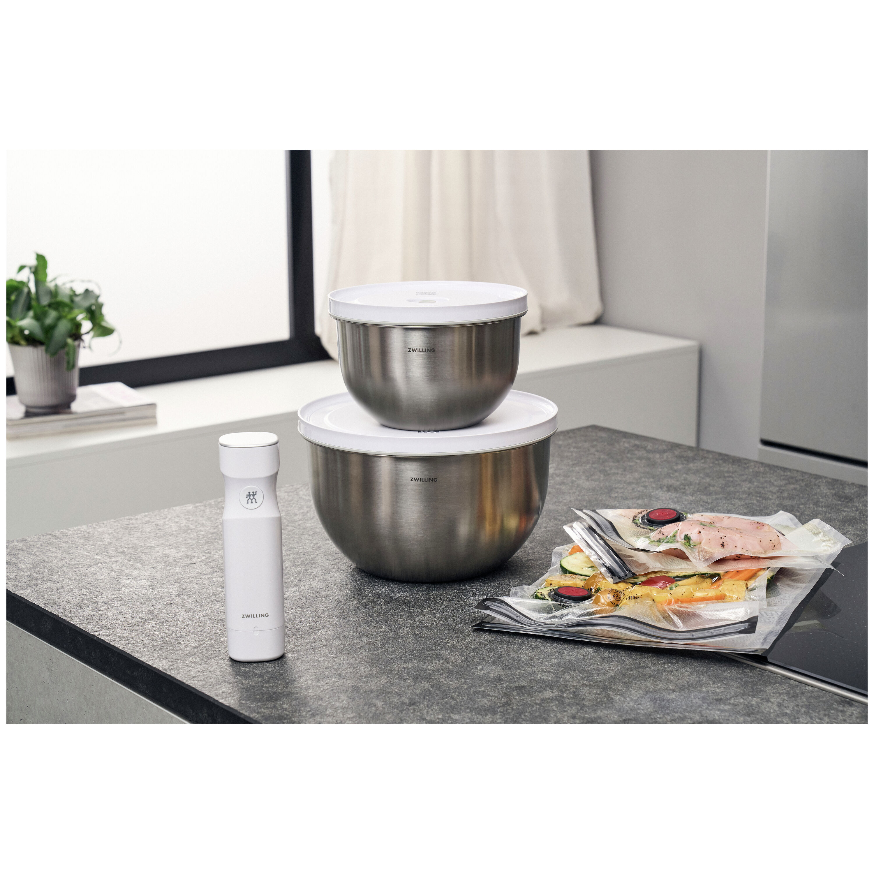 ZWILLING        Fresh & Save BOWLS                Vakuum Starter Set, Edelstahl / M/L, 9-tlg, Silber-Weiß