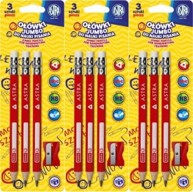 3x Ołówki Astra Jumbo HB do nauki pisania. 3 szt. + temperówka