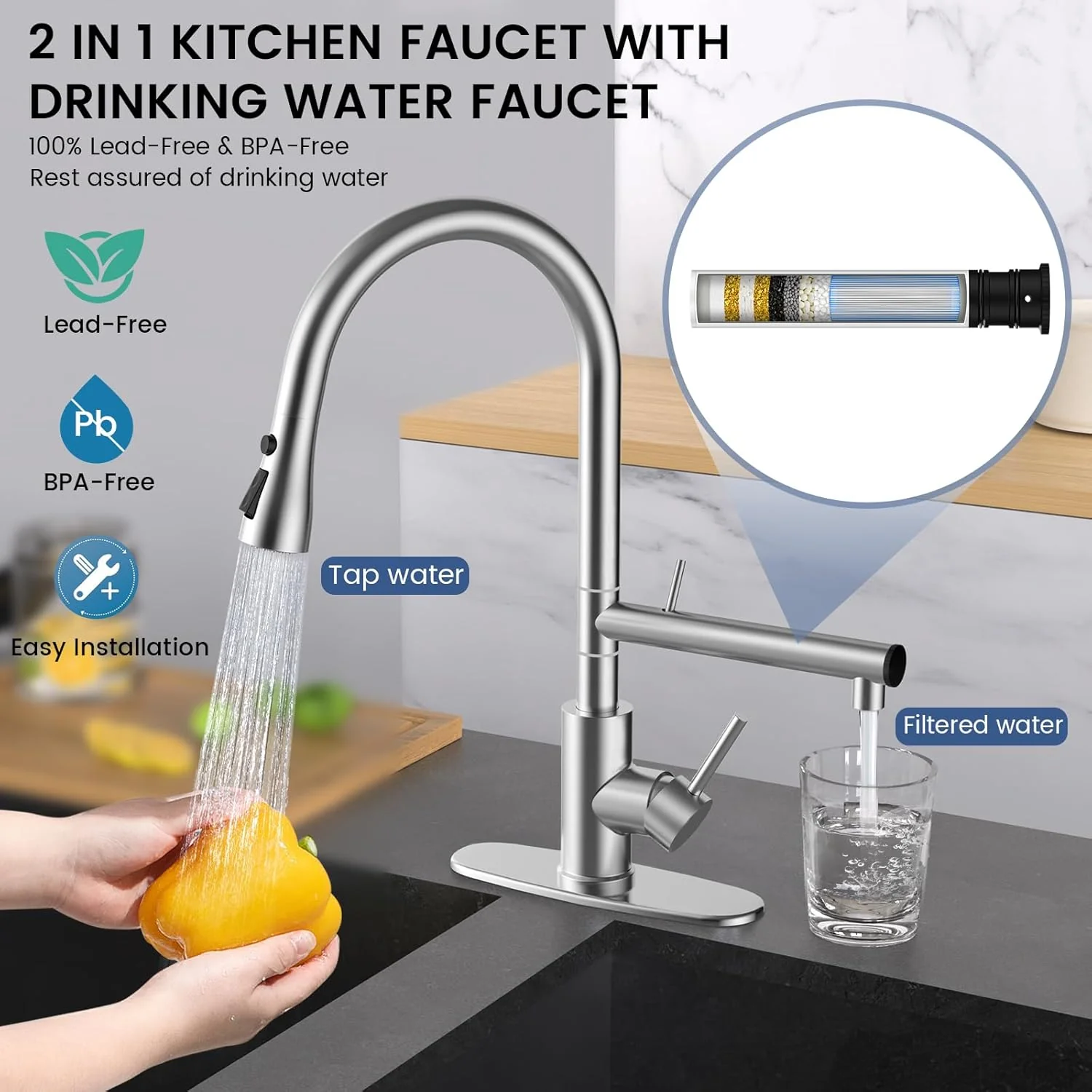 FEELSO 2 Pack Replacement Filters for Filtered Kitchen Faucet