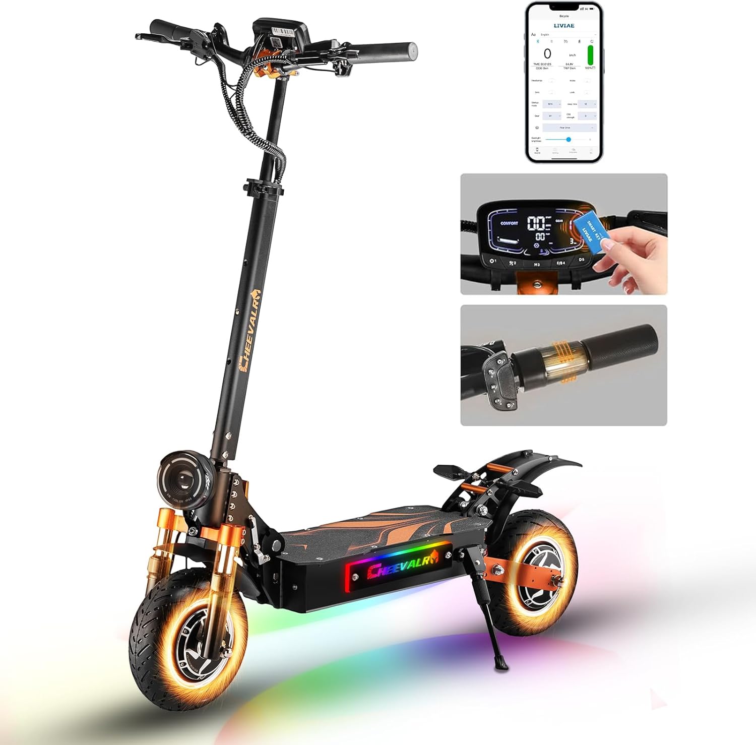 E Scooter mit Straßenzulassung 80-100 KM Reichweite. 48V 15Ah. 10 Zoll Offroad Luftreifen. ABE Elektroroller mit Doppelter Stoßdämpfung. Faltbarer E Roller Offroad Belastung bis 150 KG. LED. App