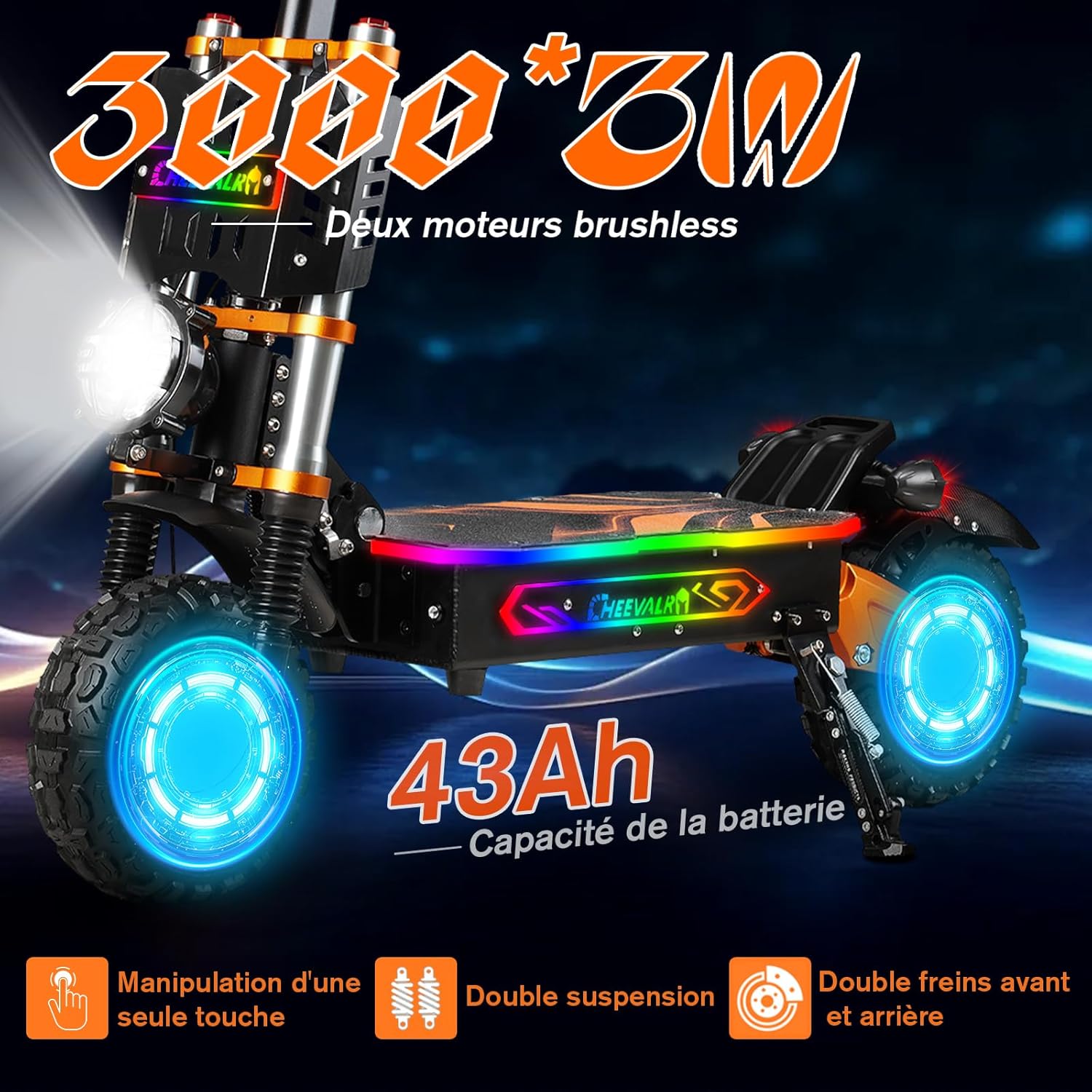 JAYSIMXIN Puissante Trottinette Électrique Adulte Scooter 11 Pouces Trottinette électrique Tout Terrain. système de Suspension Confortable. Batterie au 60V 43Ah.120 km