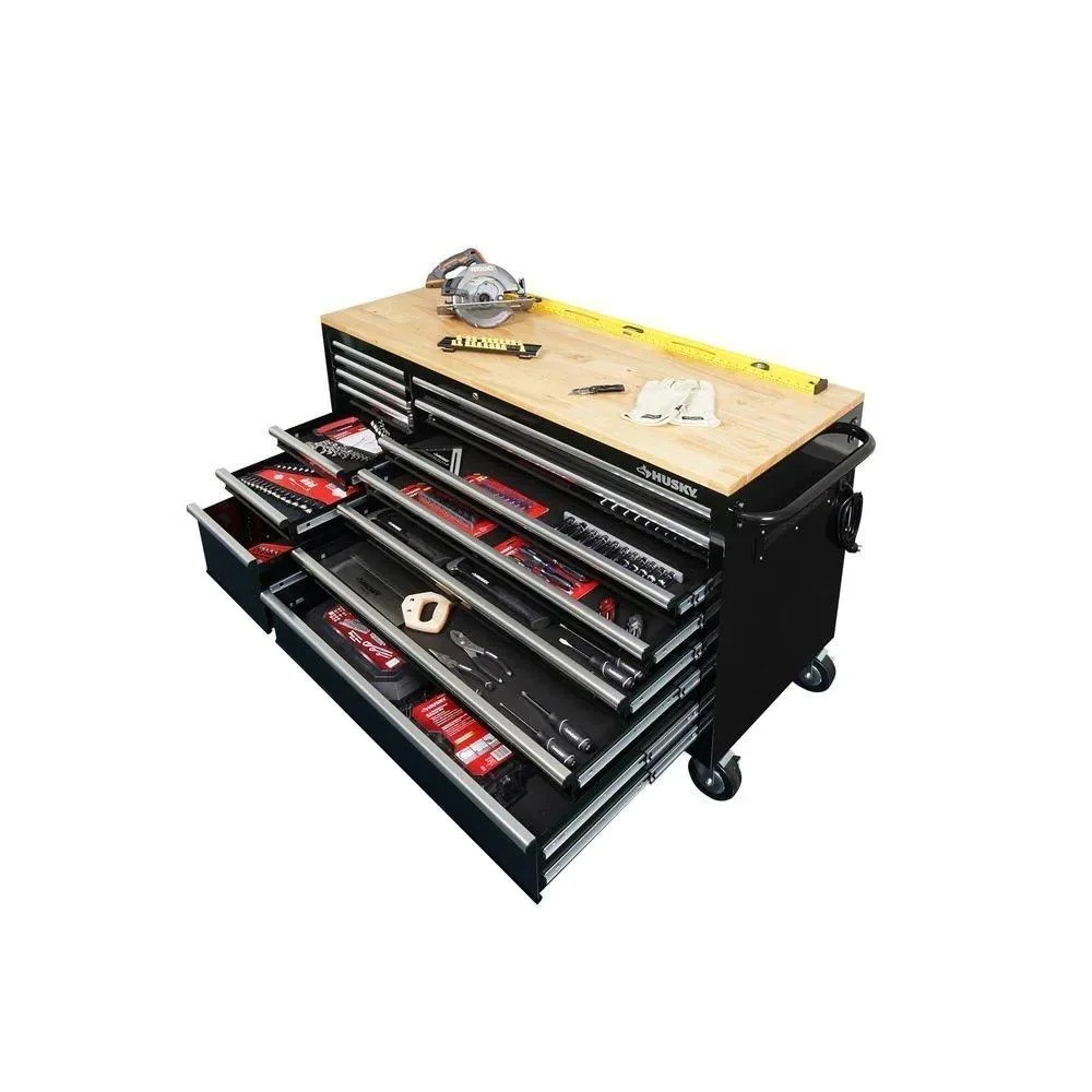 62-inch 14-drawer mobile workbench solid wood top. black