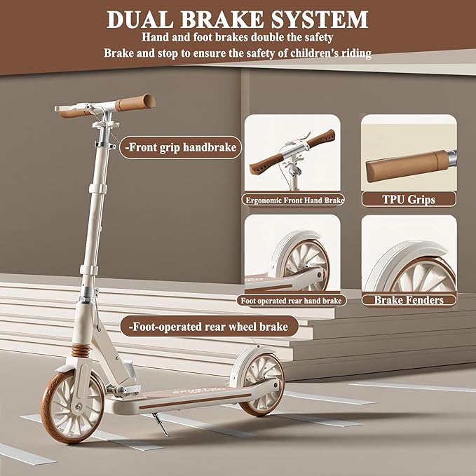 Commuter Adult Scooter 330 lbs Capacity 8IN Solid Tires Big Wheels Scooters. 3 Handle Height Adjustable Levels. with Double Braking System. Foldable Scooter.Kick Scooter for Ages 6+