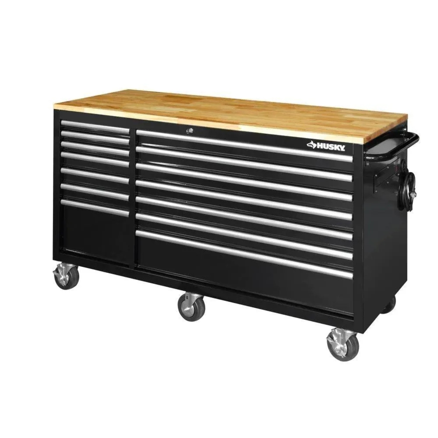 62-inch 14-drawer mobile workbench solid wood top. black