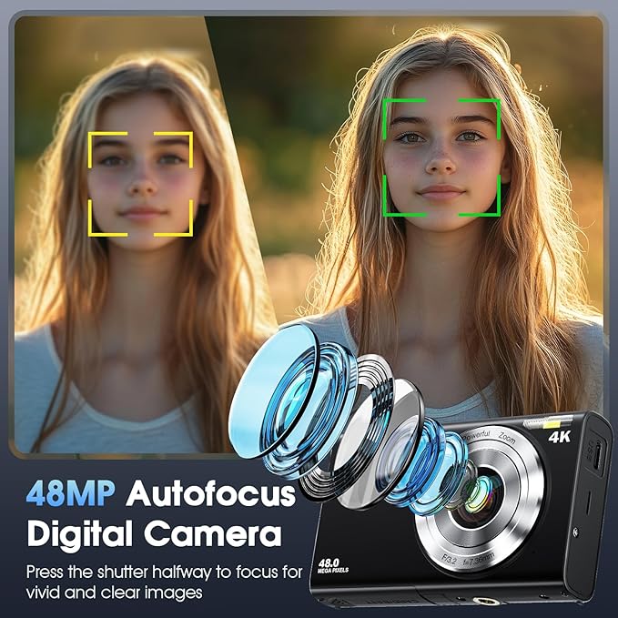 4K Digital Camera, Lecnippy 48MP Autofocus Camera with 32G Memory Card 16X Digital Zoom, Compact Camera with 2.8 Inch Screen for Teenagers (Black)