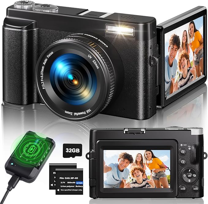 Macchina Fotografica 4K, 48MP Fotocamera Digitale con Zoom 16X, Schermo Flip 180° Fotocamera Compatta con Autofocus, Flash, Stazione di Ricarica, 2 Batterie, Scheda da 32GB per Principianti, Bambini