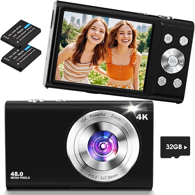 4K Digital Camera, Lecnippy 48MP Autofocus Camera with 32G Memory Card 16X Digital Zoom, Compact Camera with 2.8 Inch Screen for Teenagers (Black)