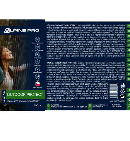 ALPINE PRO - NANO TEXTIL OUTDOOR PROTECT 500 ML IMPREGNACE PRO NÁROČNÉ PODMÍNKY