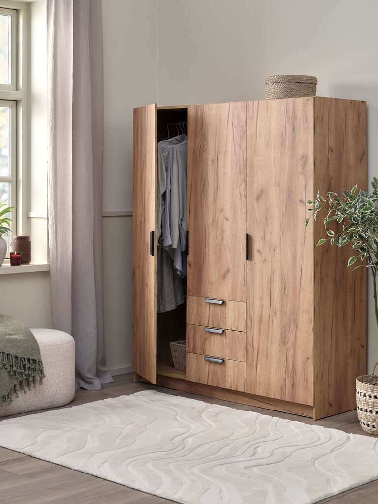 JENSLEV Garderob JENSLEV 144x176 3 dörrar 3 lådor natur vildekfärgad