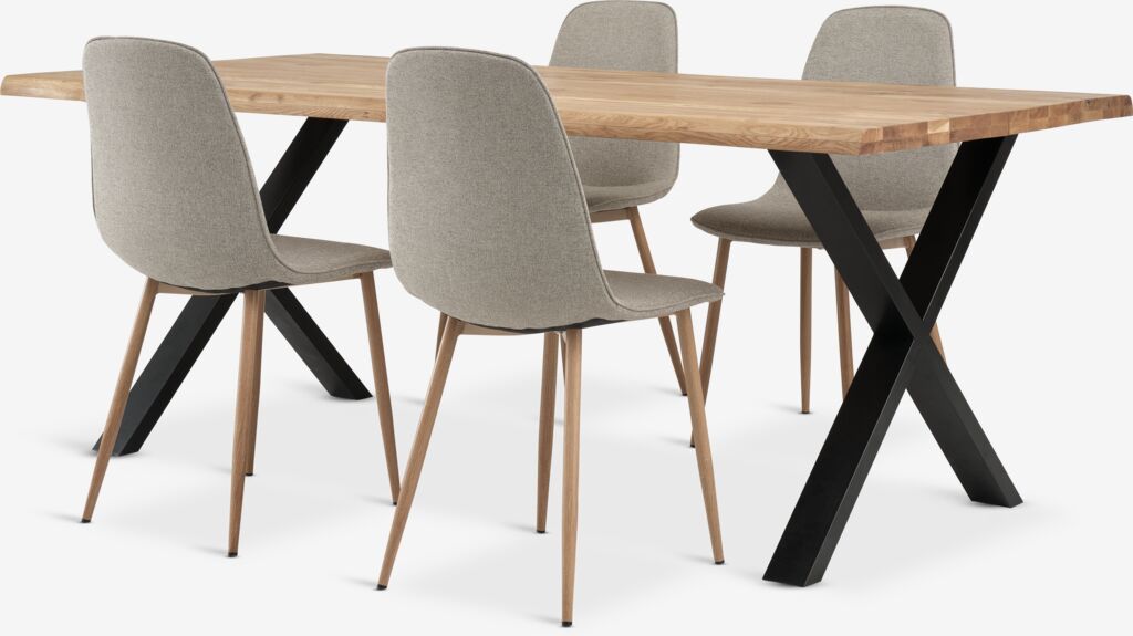 ROSKILDE/ROSLEV + BISTRUP ROSKILDE/ROSLEV L200 bord natur ek + 4 BISTRUP stol sand